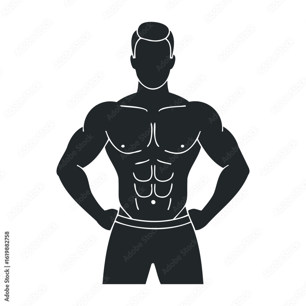 Fototapeta premium Muscular male silhouette in fitness pose with defined abs and strong arms. Vector illustration