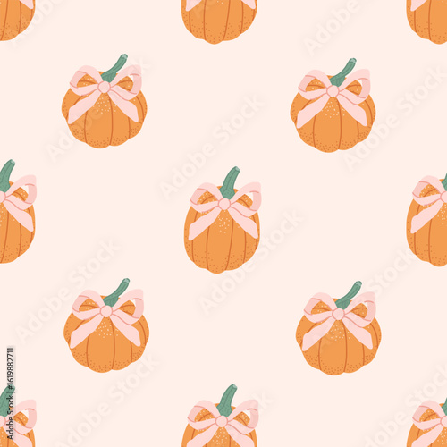 Preppy coquette seamless pattern with pink bowknots and cute orange pumpkins. Autumn elegance design. Vintage cottagecore print for fabric, wallpaper or wrapping paper