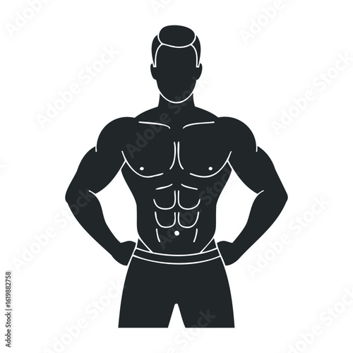 Muscular male silhouette in fitness pose with defined abs and strong arms. Vector illustration