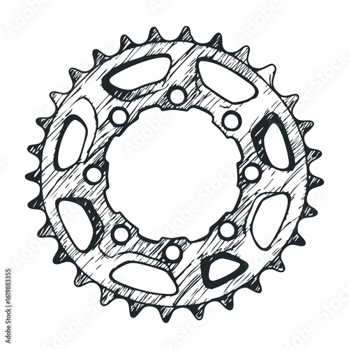 Detailed sketch of bicycle gear sprocket with intricate pattern design. Vector illustration