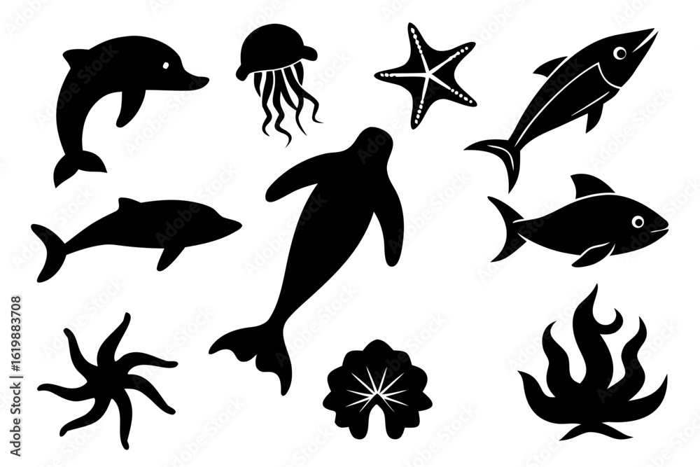 Obraz premium Nine black silhouette vector marine life icons including dolphin, octopus, sea turtle, jellyfish, coral, shark, fish, sea star, and seahorse on white background