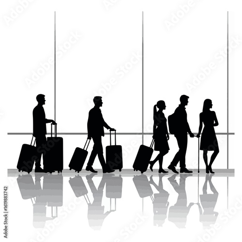 Airport travelers with luggage silhouettes representing travel journey and passenger transportation concept on transparent background