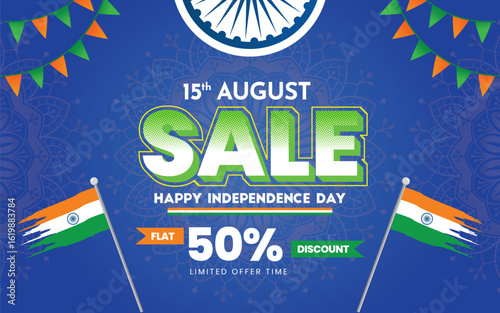 Independence day of India freedom festival offer sale concept. 50% off on shopping.