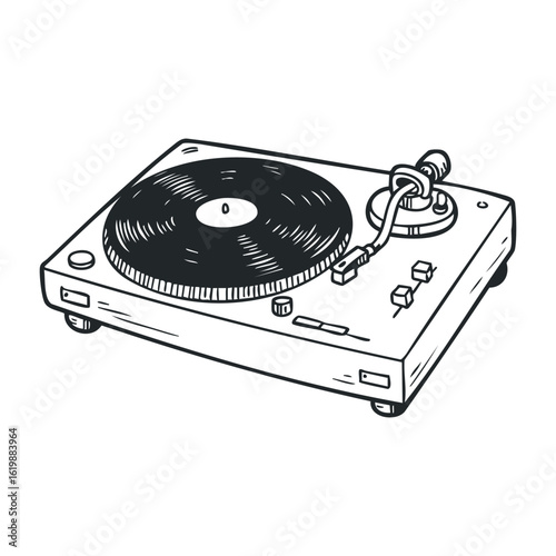 Vintage turntable sketch with vinyl record and tonearm in black ink drawing. Vector illustration