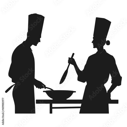 Chef silhouettes cooking in a kitchen vector illustration Man and woman in uniform preparing food for a restaurant or culinary concept