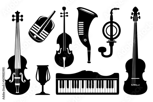 Set of eight silhouette icons of classical music instruments including violin, cello, harp, flute, trumpet, piano, oboe, and clarinet in black vector on white