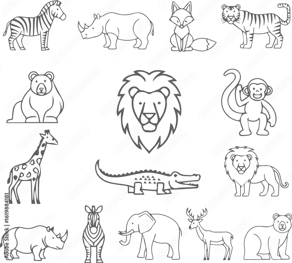 Obraz premium Animals Line Icons – Lion, Elephant, Monkey, Fox, Giraffe, Zebra