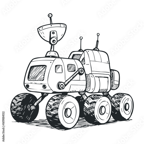 Futuristic mars rover with antennas and large wheels in black and white sketch. Vector illustration