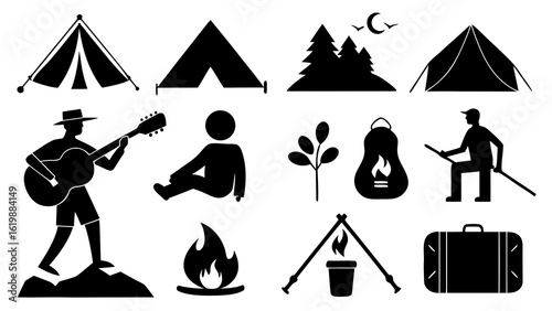 Nine black silhouette camping activity icons including tent setup, marshmallow roasting, guitar by campfire, hiking, fishing, lantern lighting, compass navigation, star gazing, and sleeping bag on whi