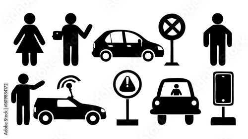 Seven silhouette icons representing common traffic violations including speeding, no seatbelt, mobile use while driving, drink and drive, wrong turn, red light jump, and honking on white background