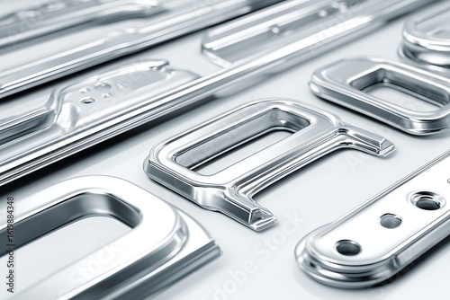 Metal Forms on White, Closeup of Chrome Industrial Components, Precision Molded Parts