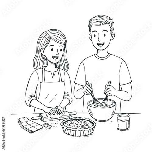 Young asian male and female baking together, mixing ingredients for homemade pie. Vector illustration