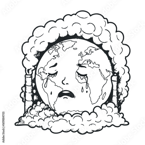 Crying earth illustration: air pollution impact with smoking chimneys and clouds. Vector illustration