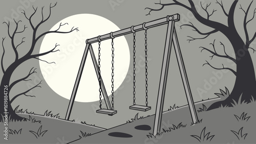 A solitary swing set stands beneath a large pale moon surrounded by the stark silhouettes of bare trees and overgrown grass evoking a sense of quiet solitude