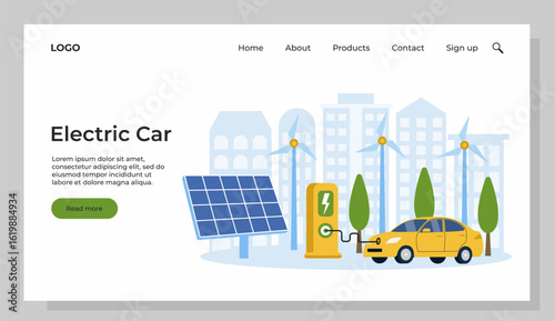 Electric car near charging station. Green energy. Smart grid. Renewable. Concept with windmills and solar energy panels. Template of landing page.