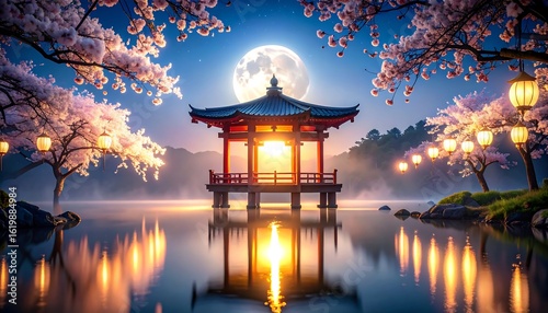 Pavilion on Lake at Night with Moon and Blossoms Reflected