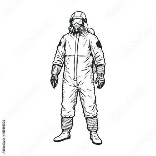 Illustration of person in protective suit and gas mask with breathing apparatus. Vector illustration