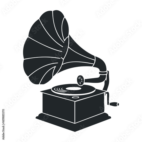 Vintage gramophone silhouette with horn and crank. Vector illustration