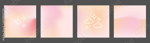 Abstract light peach pink gradient backgrounds with pixel minimal sparkle, shine star, cloud elements. Pastel fuzz texture. Modern elegant square bg for poster, social media, beauty and wedding design