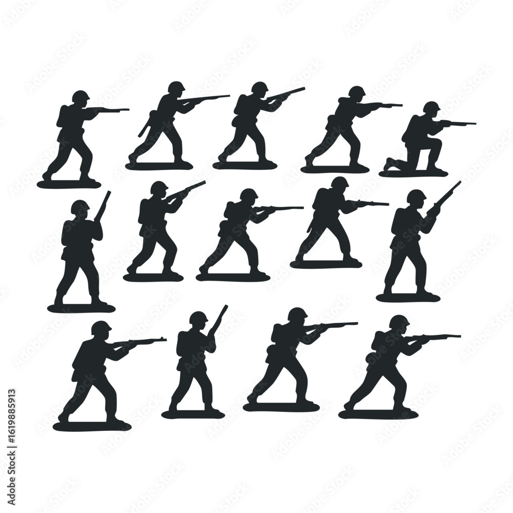 Fototapeta premium Toy soldier silhouettes in various poses. Vector illustration
