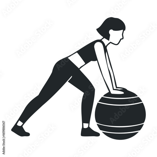 Female silhouette exercise pose with fitness ball icon. Vector illustration
