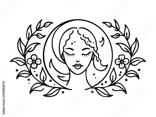 Woman face with leaves and flowers in frame