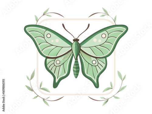 Green butterfly with floral frame in flat style
