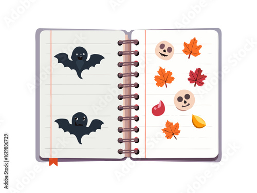 Spiral notepad with bats, skulls and fall leaves