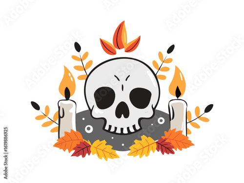 Halloween skull with candles and colorful autumn leaves