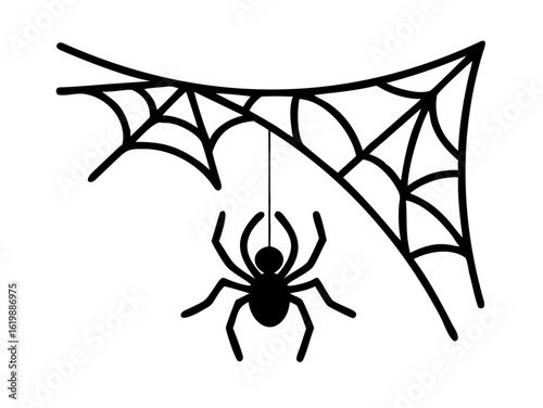Hanging spider in black and white web outline