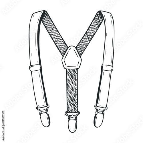 Monochrome vintage suspenders illustration with adjustable straps and clips. Vector illustration