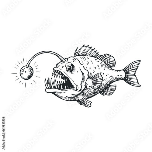 Anglerfish sketch with luminous bait and fierce teeth in detailed black and white. Vector illustration