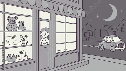 A child peeks out from a toy store window at night while a car drives by under a crescent moon and starry sky