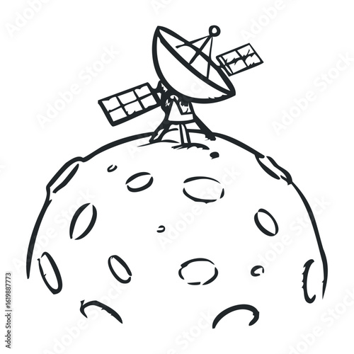 Satellite dish on moon with craters and antenna. Vector illustration