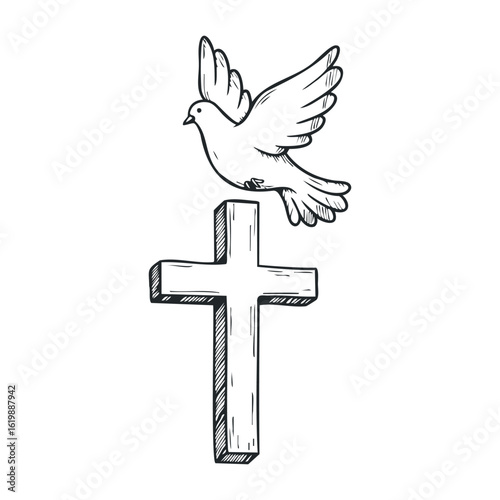 Dove perched on wooden cross symbolizing peace and faith in simple sketch. Vector illustration