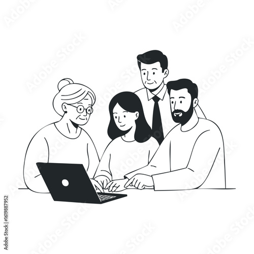 Family collaboration: adults and elderly woman using laptop together. Vector illustration