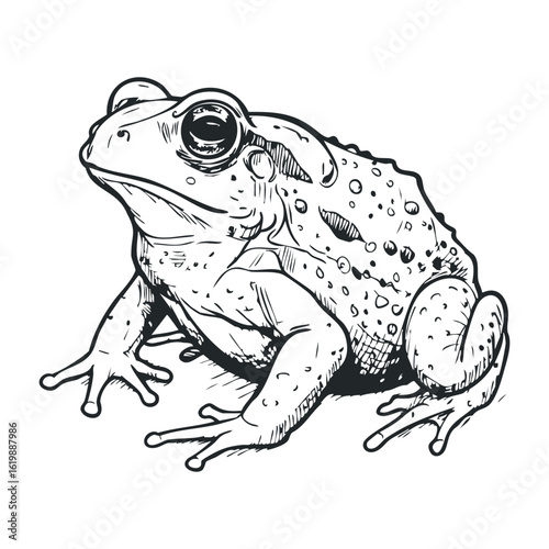 Detailed sketch of a frog with textured skin and expressive eyes in black and white. Vector illustration