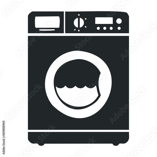 Black and white washing machine icon with control panel and circular door design. Vector illustration