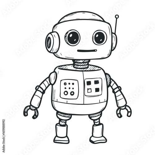Cartoon-style robot sketch with antenna and claw hands. Vector illustration