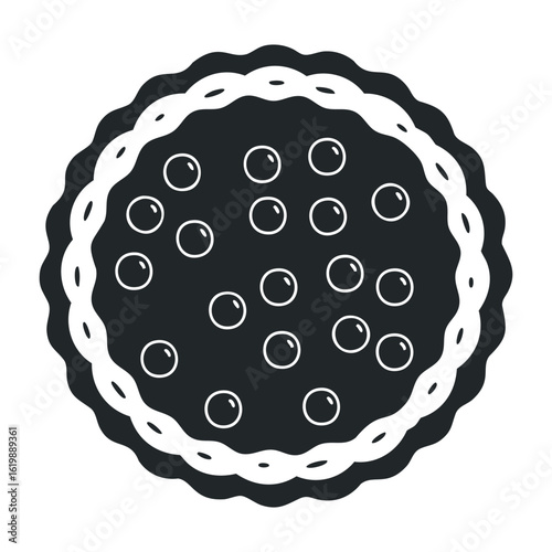 Black and white berry pie design with wavy crust and circular berries. Vector illustration