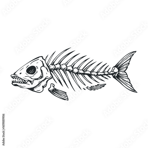 Intricate fish skeleton drawing with detailed bones and sharp teeth. Vector illustration