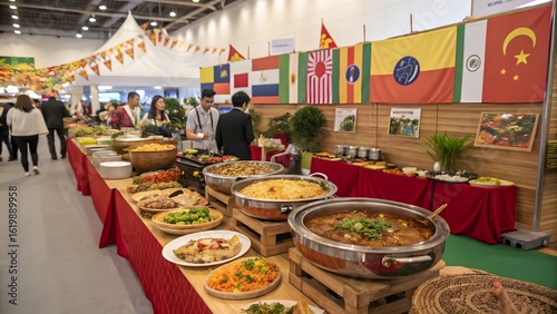 Fototapeta Naklejka Na Ścianę i Meble -  Vibrant International Food Fair with Cultural Flags and Cuisine, Global Culinary Showcase at an International Food Festival, Diverse Buffet Spread at a Cultural Exchange Event