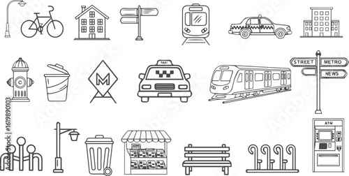 Transportation Line Icons – Car, Bus, Bicycle, Train, Taxi