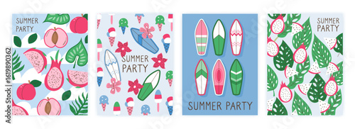 Summer vibe pattern. Surfboard, dragon fruit and tropical leaves, sea shell, beach pattern, ice cream background. Spring tropical texture. Cute print colorful holiday fun. Vector poster garish travel