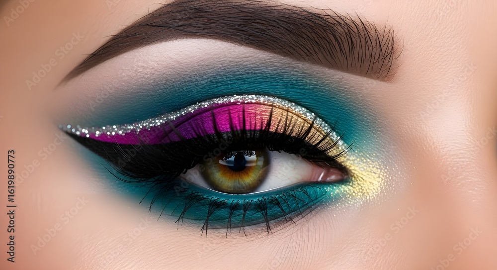 Fototapeta premium Dramatic eye makeup close up with winged eyeliner and bright eyeshadow