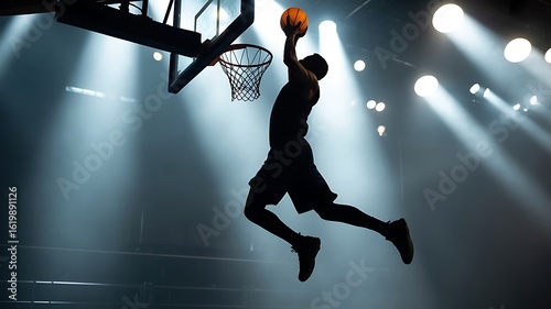 Silhouette of basketball player dunking ball on court with dramatic lighting image