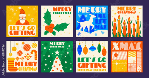 Christmas minimalist card. Xmas snowflake, tree with garland. New Year gift icon, winter poster. Social media post. Geometric holiday pattern. Vector garish contemporary print design isolated set