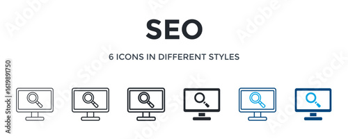 Seo Icon In Different Style Vector Illustration. Designed In Thin Line, Regular Line, Bold Line, Glyph, Color Line, And Color Glyph Style Can Be Used For Web