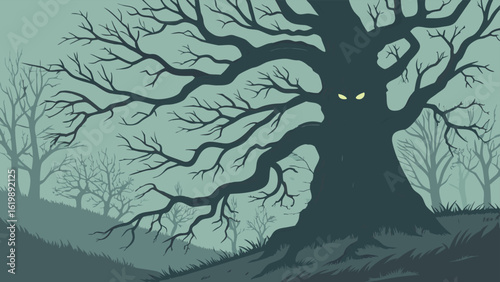 A menacing ancient gnarled tree with glowing yellow eyes stands in a desolate misty forest under a pale eerie sky