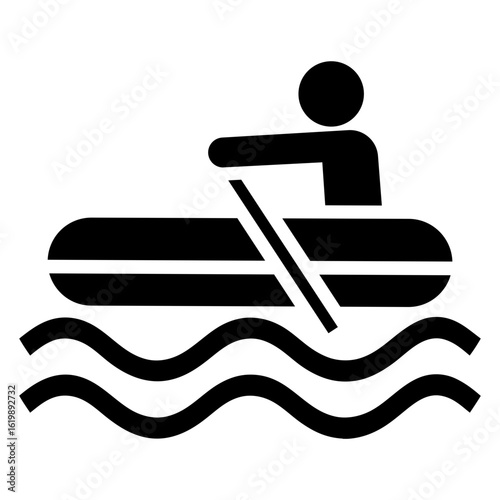 Icono silueta de hombre remando en un bote hinchable con olas